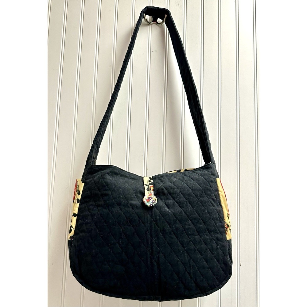 Vintage Quilted Japanese Woodblock Geisha Cotton Crossbody Bag Yellow Black RARE